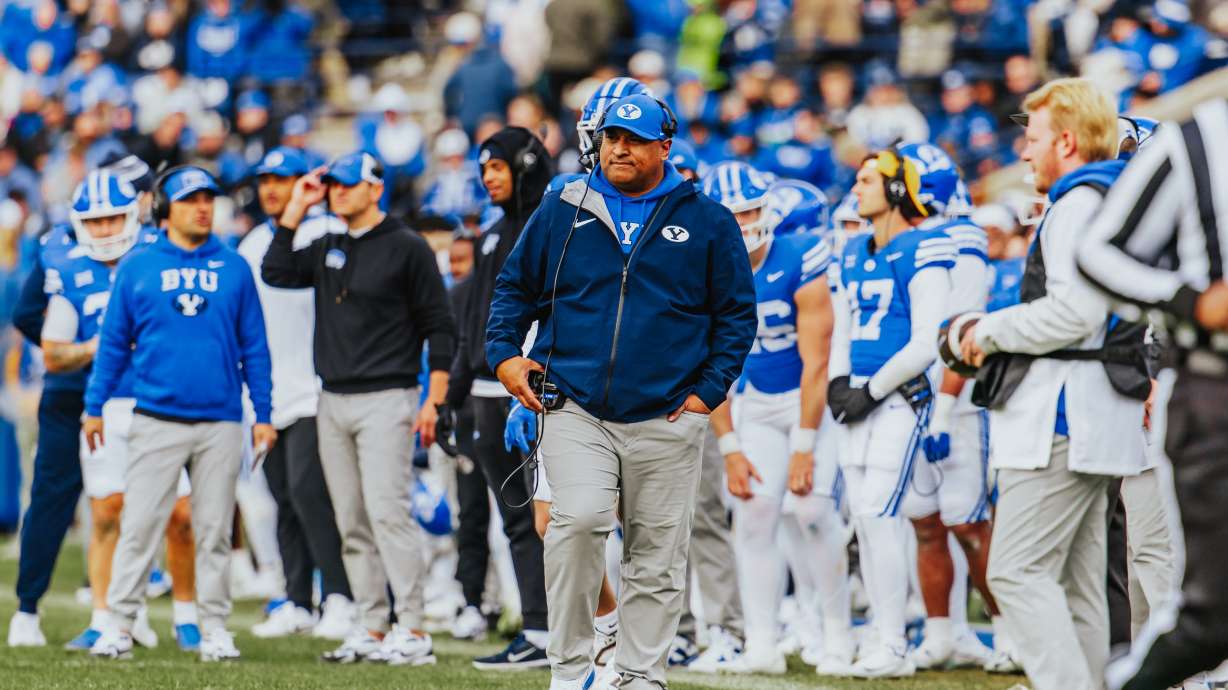 BYU coach Kalani Sitake coaches his team during a Big 12 football game against UCF, Saturday, Nov. 29, 2025 at LaVell Edwards Stadium in Provo, Utah.