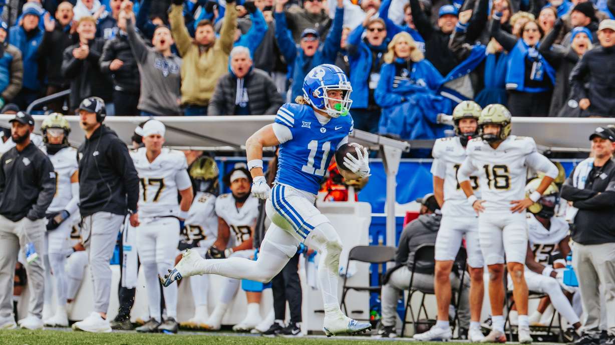 BYU wide receiver/punt returner Parker Kingston scores a touchdown during a Big 12 football game against UCF, Saturday, Nov. 29, 2025 at LaVell Edwards Stadium in Provo, Utah.