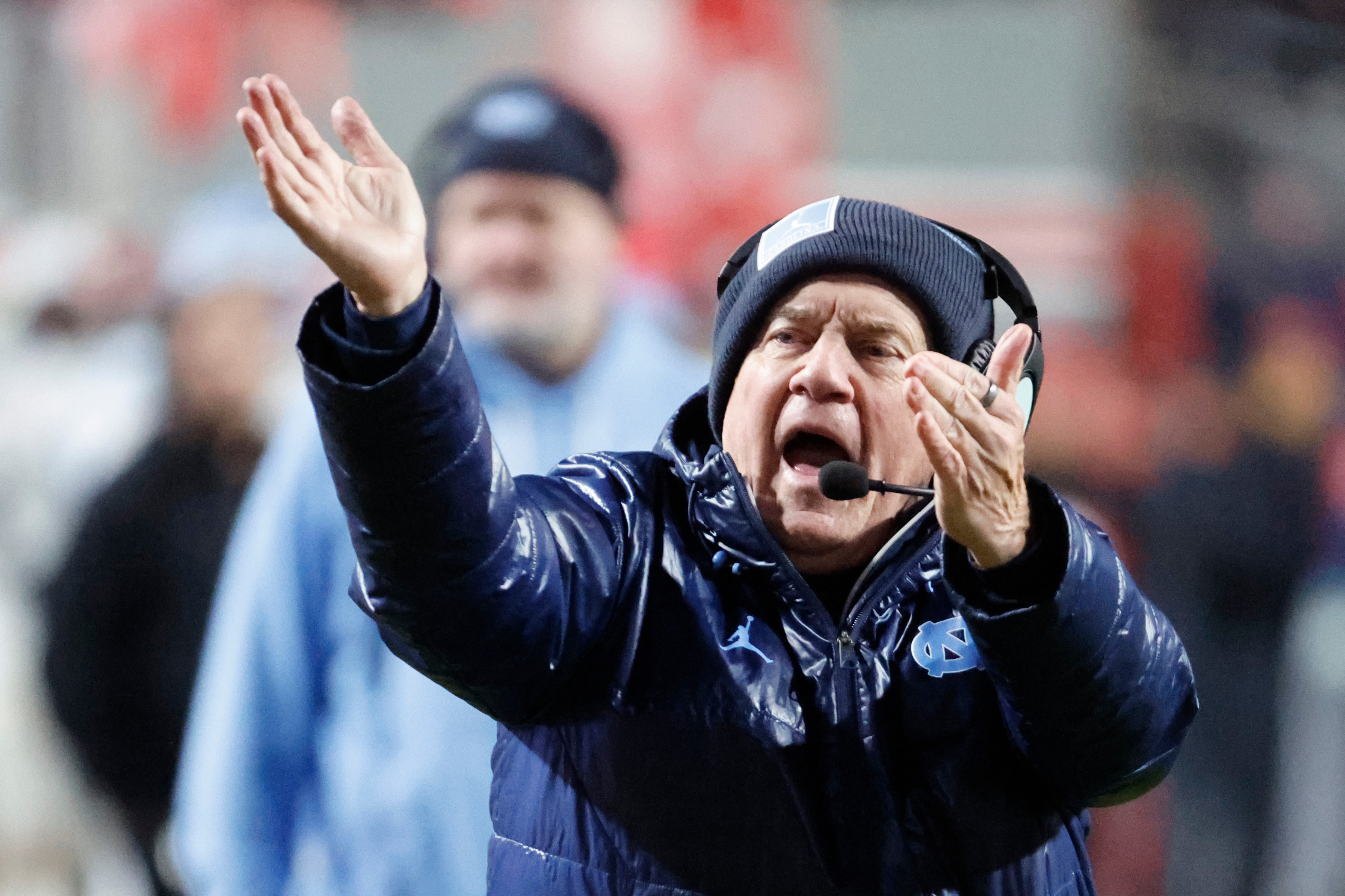 North Carolina head coach Bill Belichick protests a call during the second half of an NCAA college football game against North Carolina State in Raleigh, N.C., Saturday, Nov. 29, 2025. 
