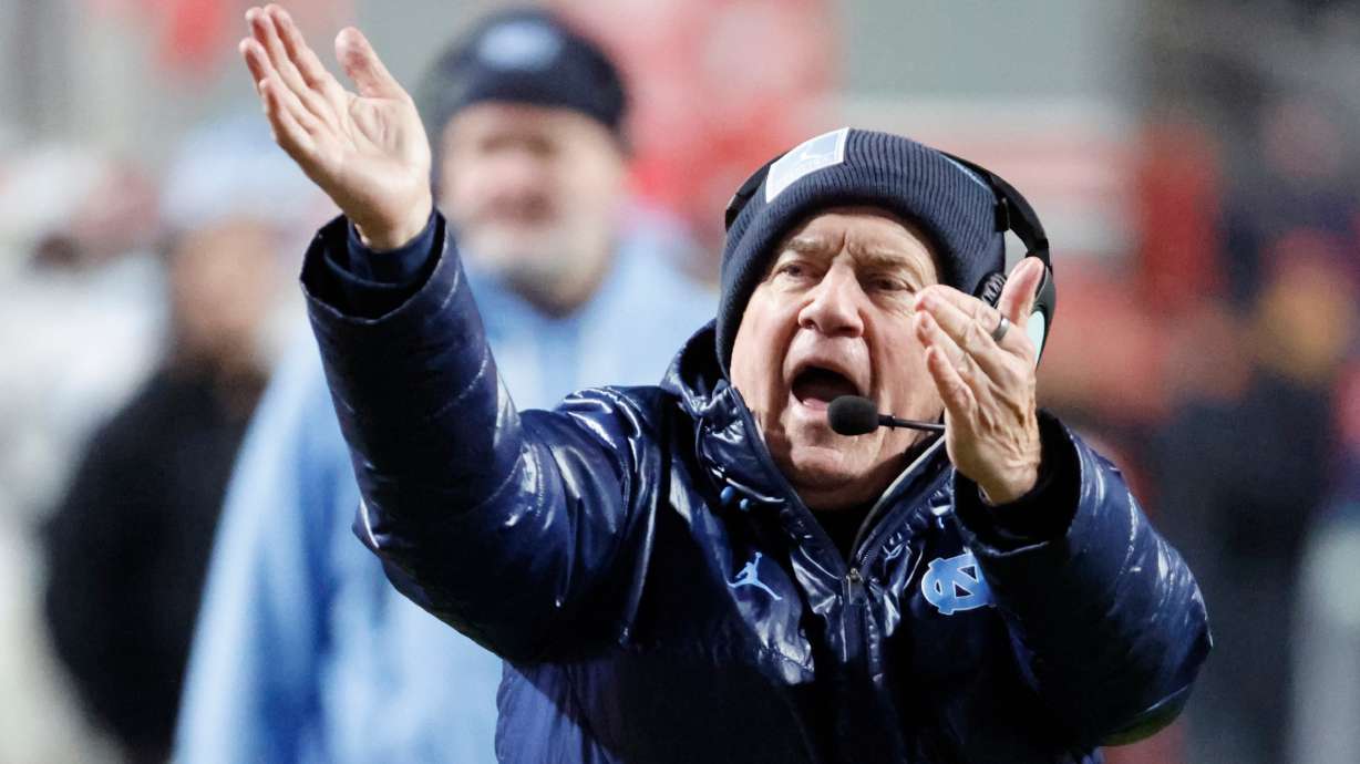 North Carolina head coach Bill Belichick protests a call during the second half of an NCAA college football game against North Carolina State in Raleigh, N.C., Saturday, Nov. 29, 2025.