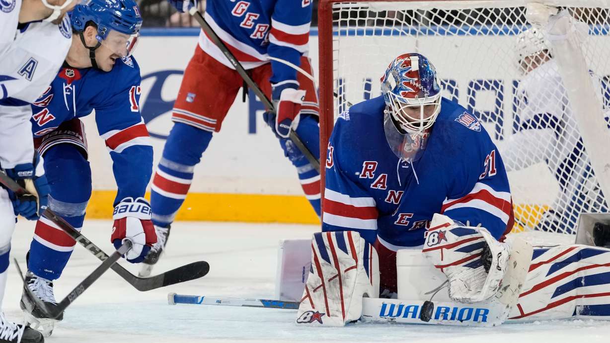 New York Rangers goaltender Igor Shesterkin (31) defends the goal during the second period of an NHL hockey game, Saturday, Nov. 29, 2025, in New York.