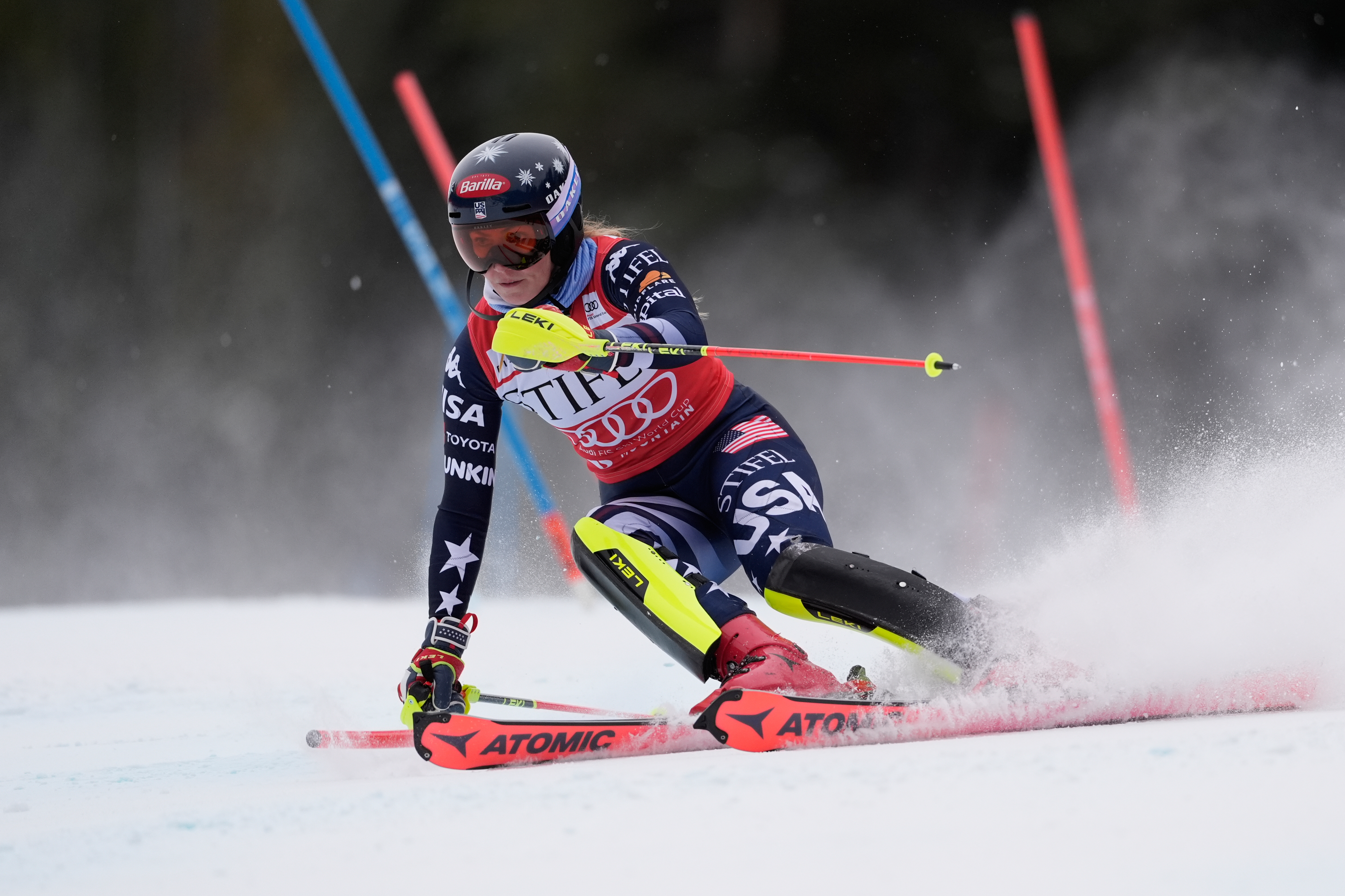 United States' Mikaela Shiffrin competes during a World Cup women's slalom skiing race, Sunday, Nov. 30, 2025, in Copper Mountain. 