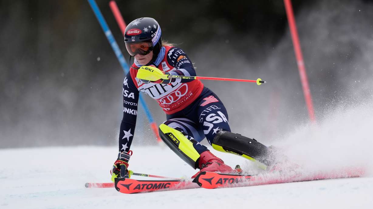 United States' Mikaela Shiffrin competes during a World Cup women's slalom skiing race, Sunday, Nov. 30, 2025, in Copper Mountain.