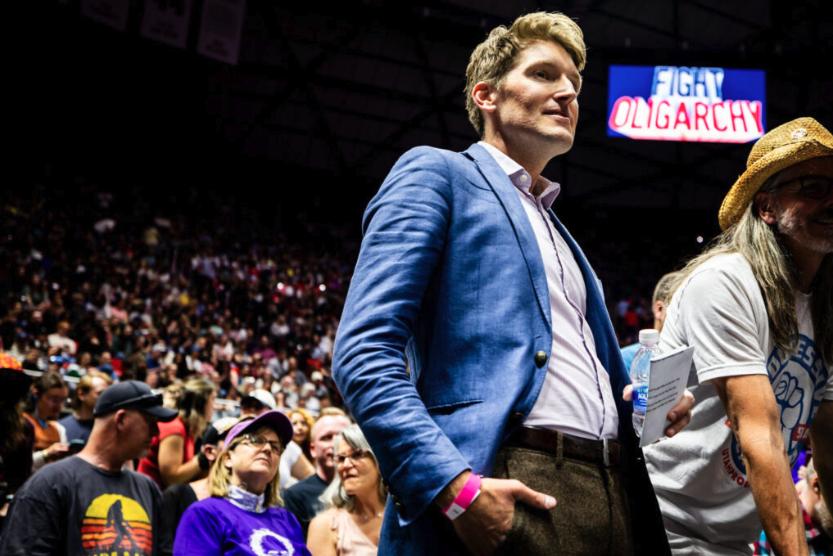 State Sen. Nate Blouin, D-Salt Lake City, takes a moment after delivering a speech during a Fighting Oligarchy: Where We Go From Here with Bernie Sanders rally at the Jon M. Huntsman Center in Salt Lake City on April 13.