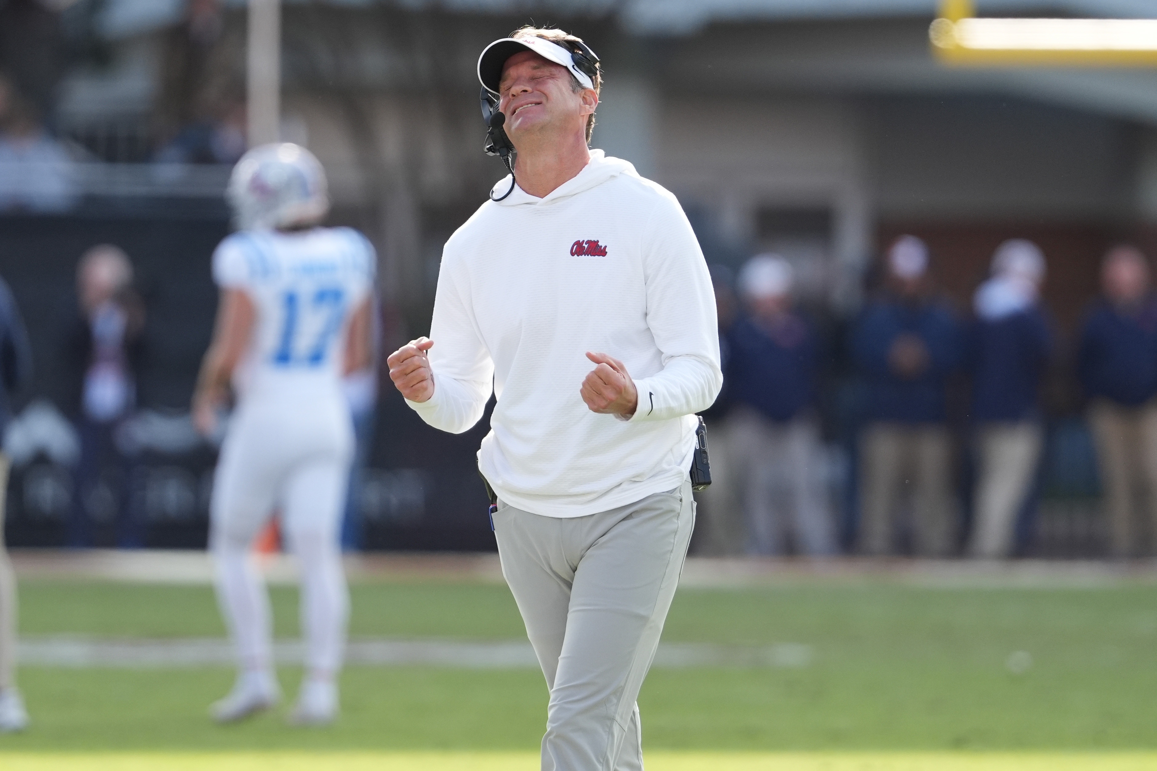 Mississippi head coach Lane Kiffin reacts to a official's call during the second half of an NCAA college football game against Mississippi State, Friday, Nov. 28, 2025, in Starkville, Miss. 