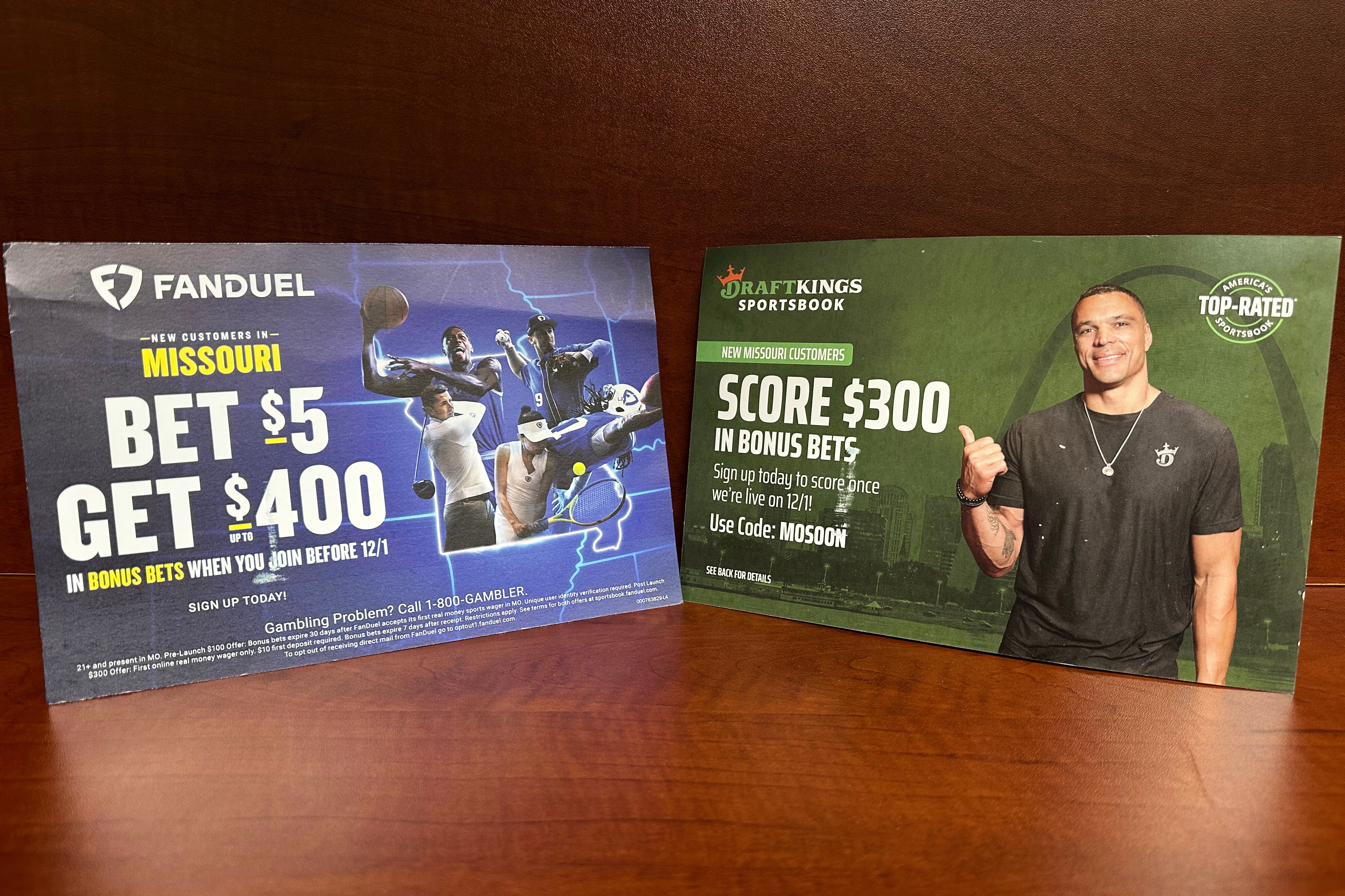 Promotional fliers advertising sports betting are seen Friday, Nov. 21, 2025, in Jefferson City, Mo. 