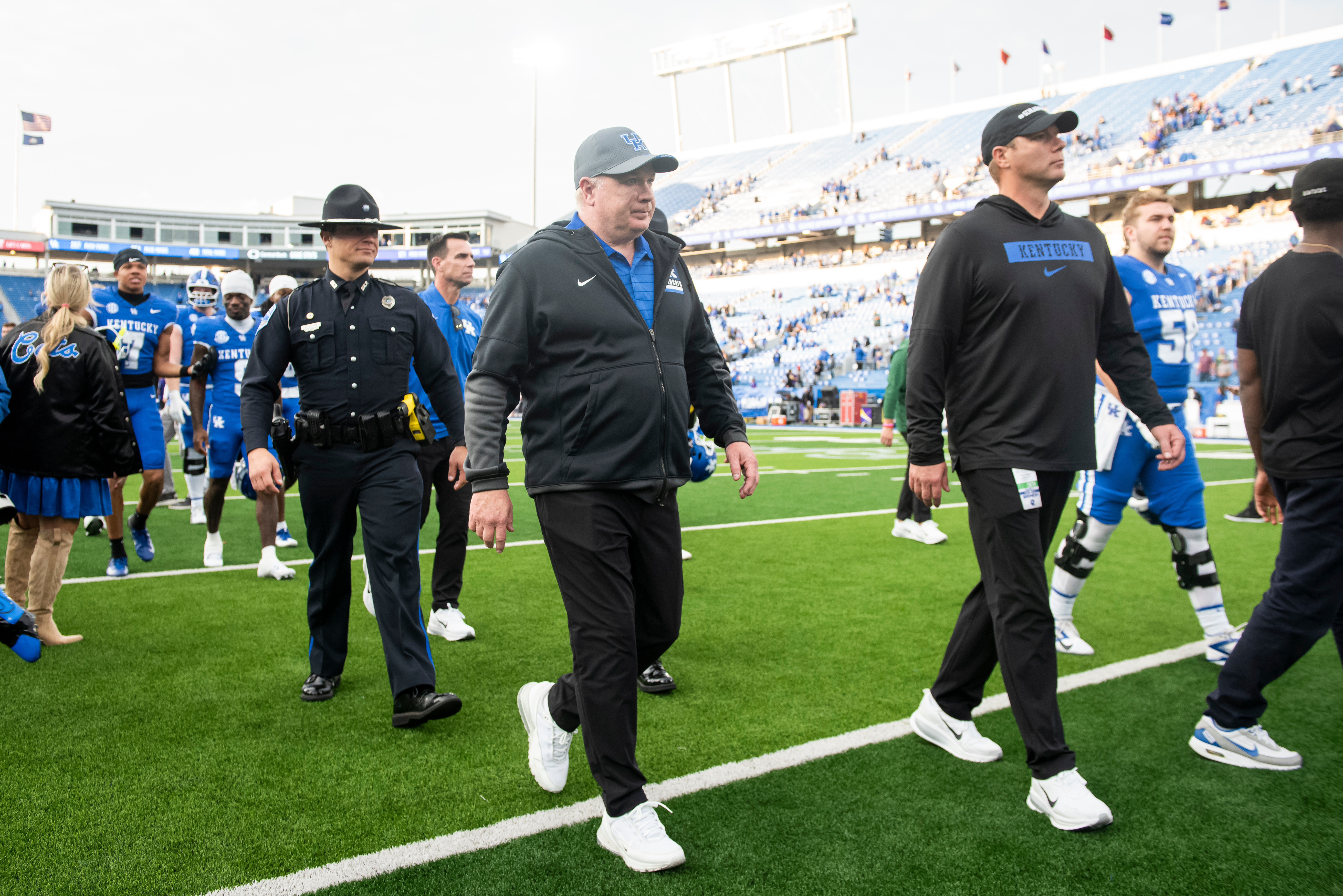 Kentucky head coach Mark Stoops walks off the field after defeating Tennessee Tech during an NCCA college football game in Lexington, Ky., Saturday, Nov. 15, 2025. 