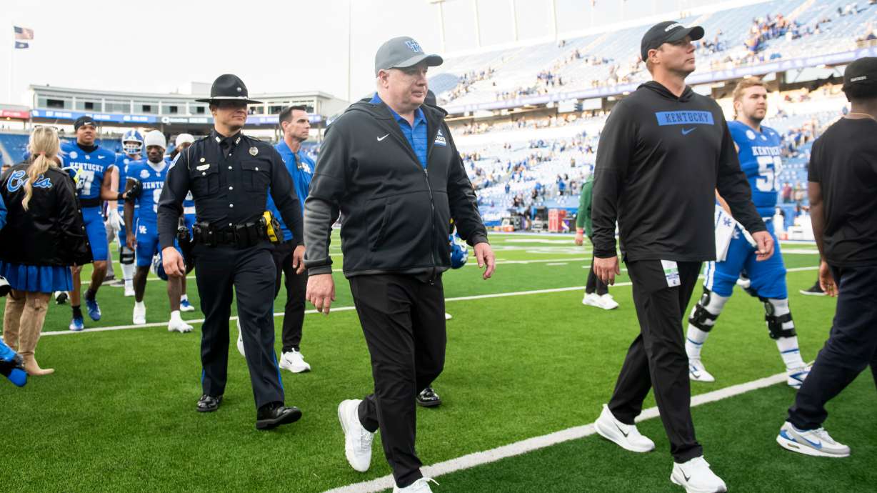 Kentucky head coach Mark Stoops walks off the field after defeating Tennessee Tech during an NCCA college football game in Lexington, Ky., Saturday, Nov. 15, 2025.