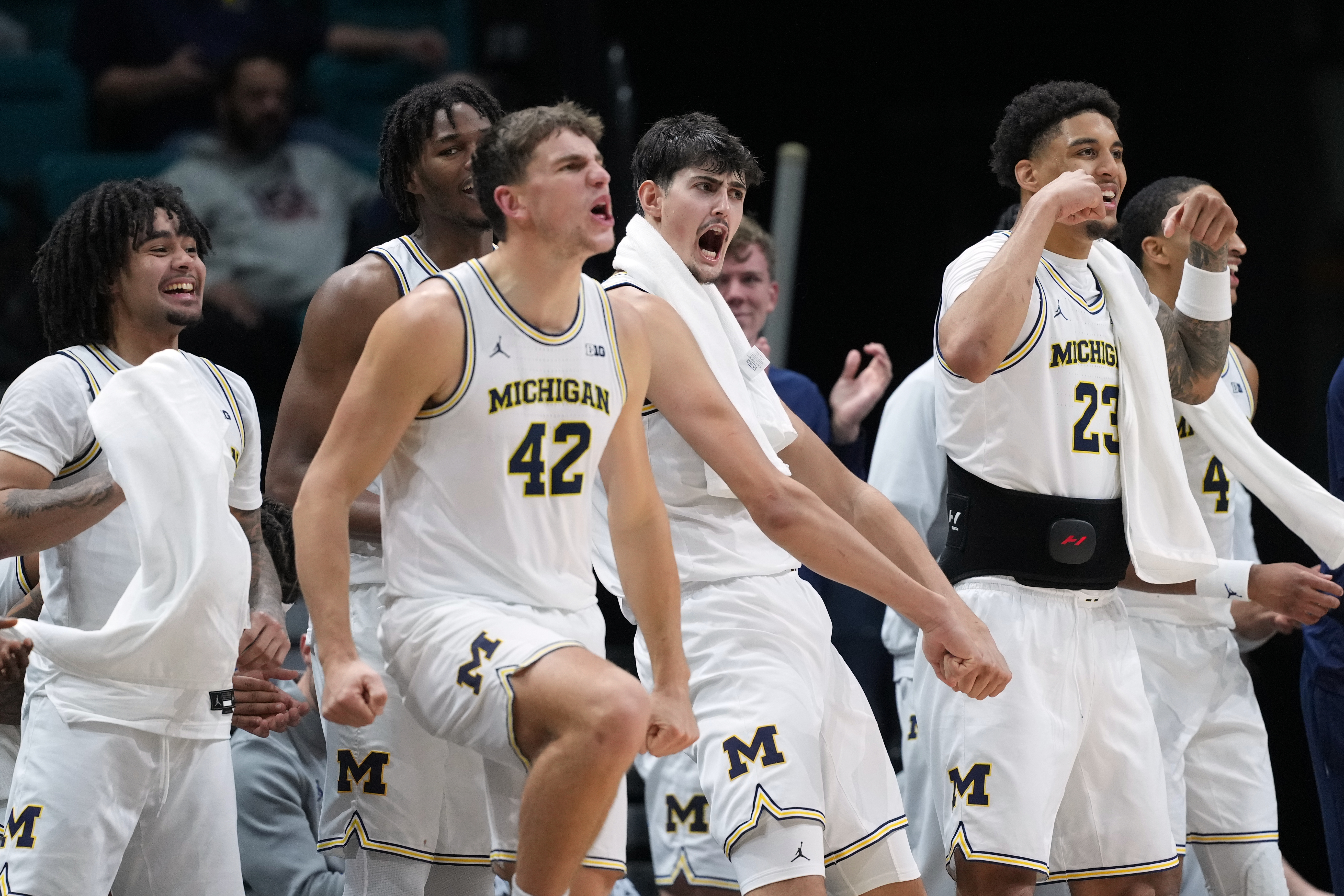 Michigan celebrates as they defeat Gonzaga in an NCAA college basketball game in the Players Era tournament in Las Vegas, Wednesday, Nov. 26, 2025. 
