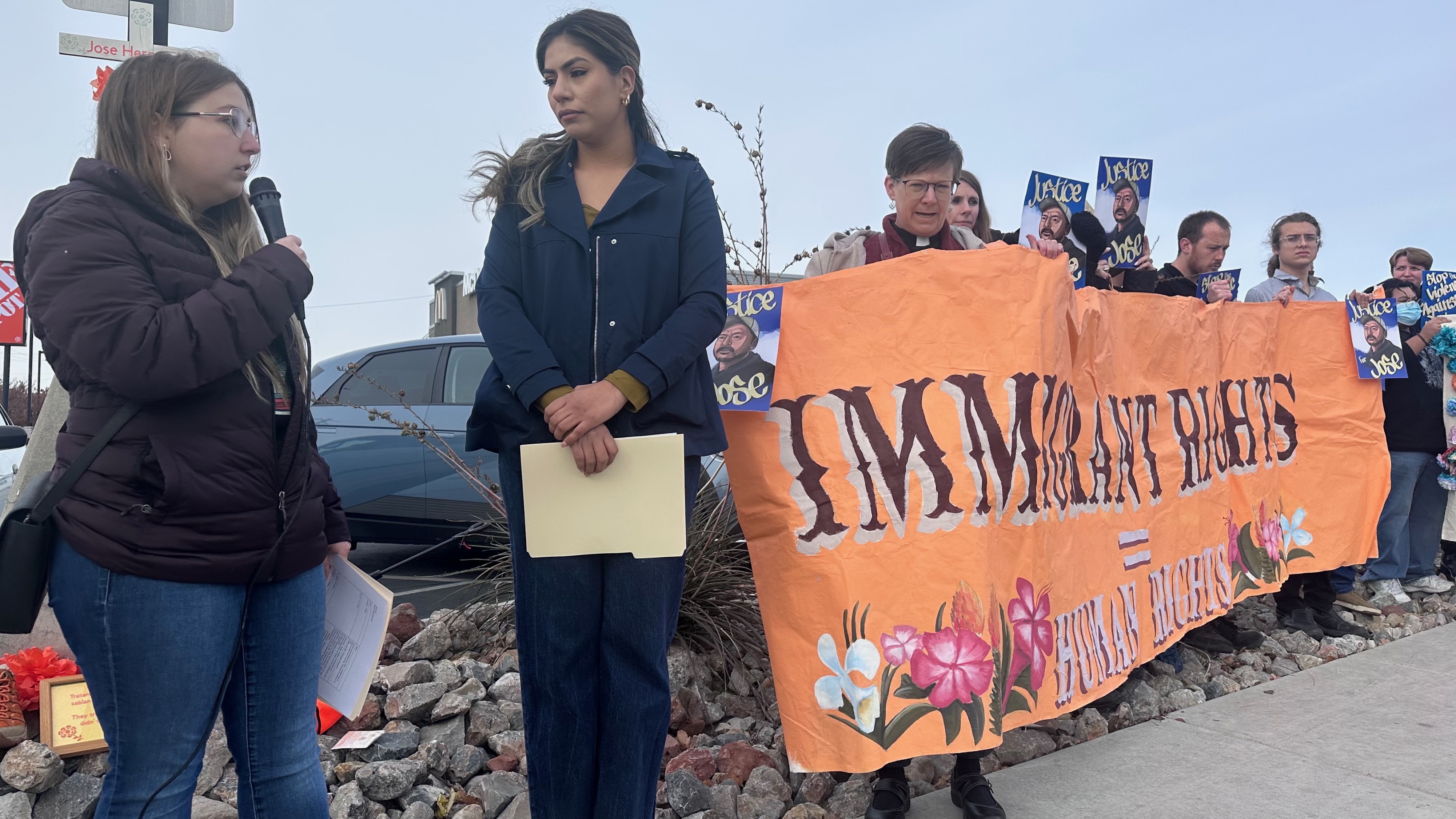 Comunidades Unidas Executive Director Dominque Byrd, left, speaks at a vigil on Nov. 29, in Salt Lake City for Salvadoran day laborer Jose Hernandez. He died after he was shot in a confrontation with Salt Lake City police on Oct. 29.