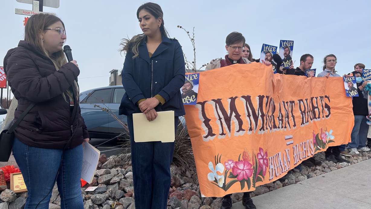 Comunidades Unidas Executive Director Dominque Byrd, left, speaks at a vigil on Nov. 29, in Salt Lake City for Salvadoran day laborer Jose Hernandez. He died after he was shot in a confrontation with Salt Lake City police on Oct. 29.