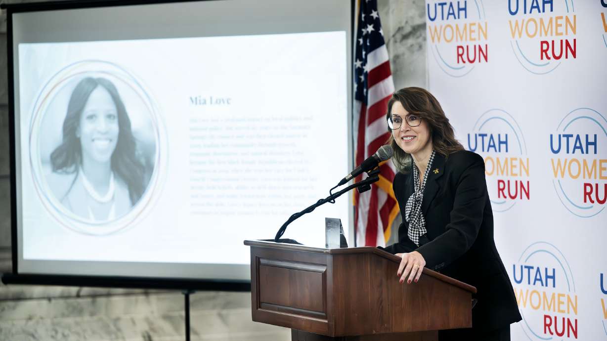 Lt. Gov. Deidre Henderson, talks about her friend Mia Love, who died on March 23. Henderson presented the Legacy Award to Jason Love at Martha Hughes Cannon Award Ceremony at the state Capitol in Salt Lake City on Monday.