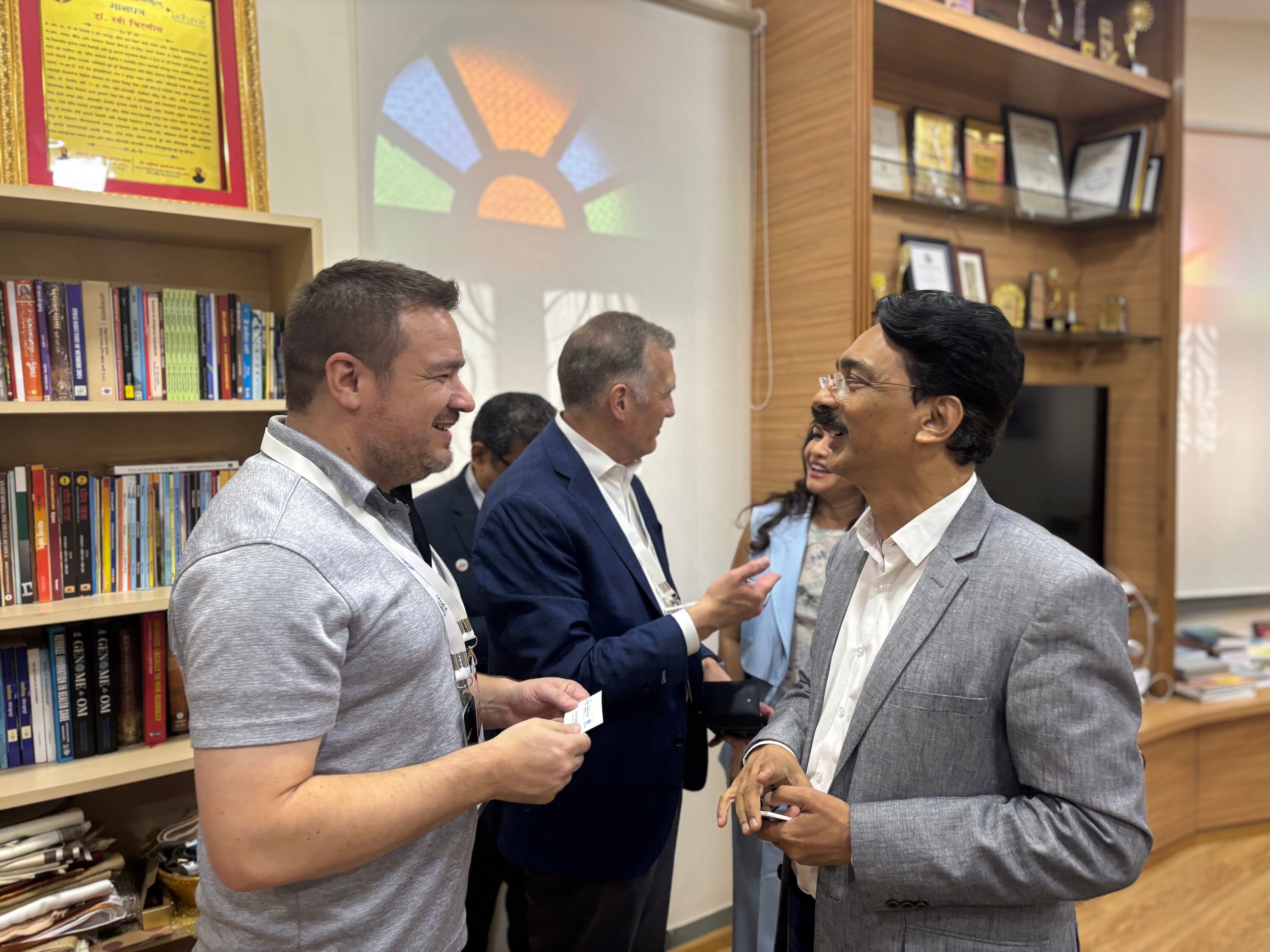 R.M. Chitnis, of MIT World Peace University, greets Rep. Matt MacPherson, R-West Valley City, one of the delegates of Utah's trade mission to India, at the university campus in Pune, India, on Nov. 5. Behind Chitnis and MacPherson are David Carlebach, the COO of WTC Utah, and Deborah Sawaf, the founder and CEO of The Power of Words Foundation, which focuses on mental health well-being.