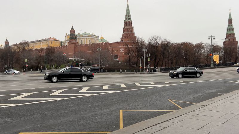 A motorcade, reportedly transporting officials including President Donald Trump's envoy Steve Witkoff and son-in-law Jared Kushner, drives along a road past the Kremlin before a scheduled meeting with a Russian delegation in Moscow, Russia, Tuesday in this still image taken from video.