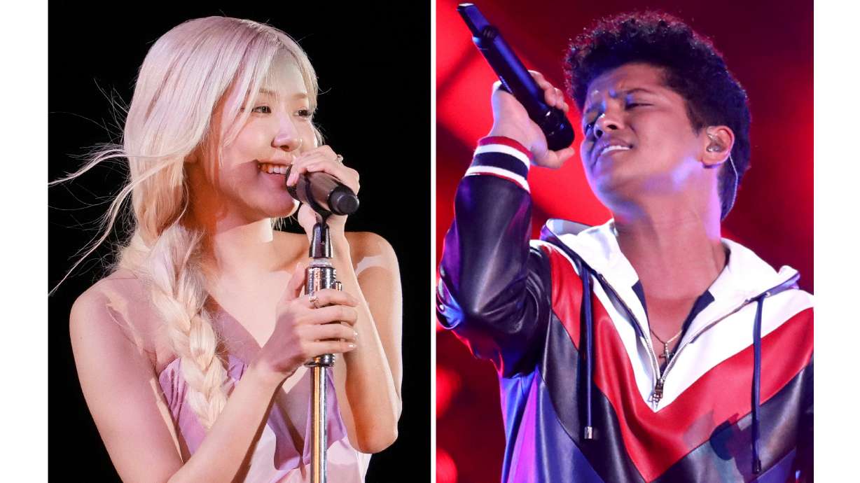 Rose performs in New York on Sept. 27, left, and Bruno Mars performs in Los Angeles on Feb. 12, 2017. The duo's hit song "APT." was No. 1 on Apple Music's global song chart of 2025, released on Tuesday.