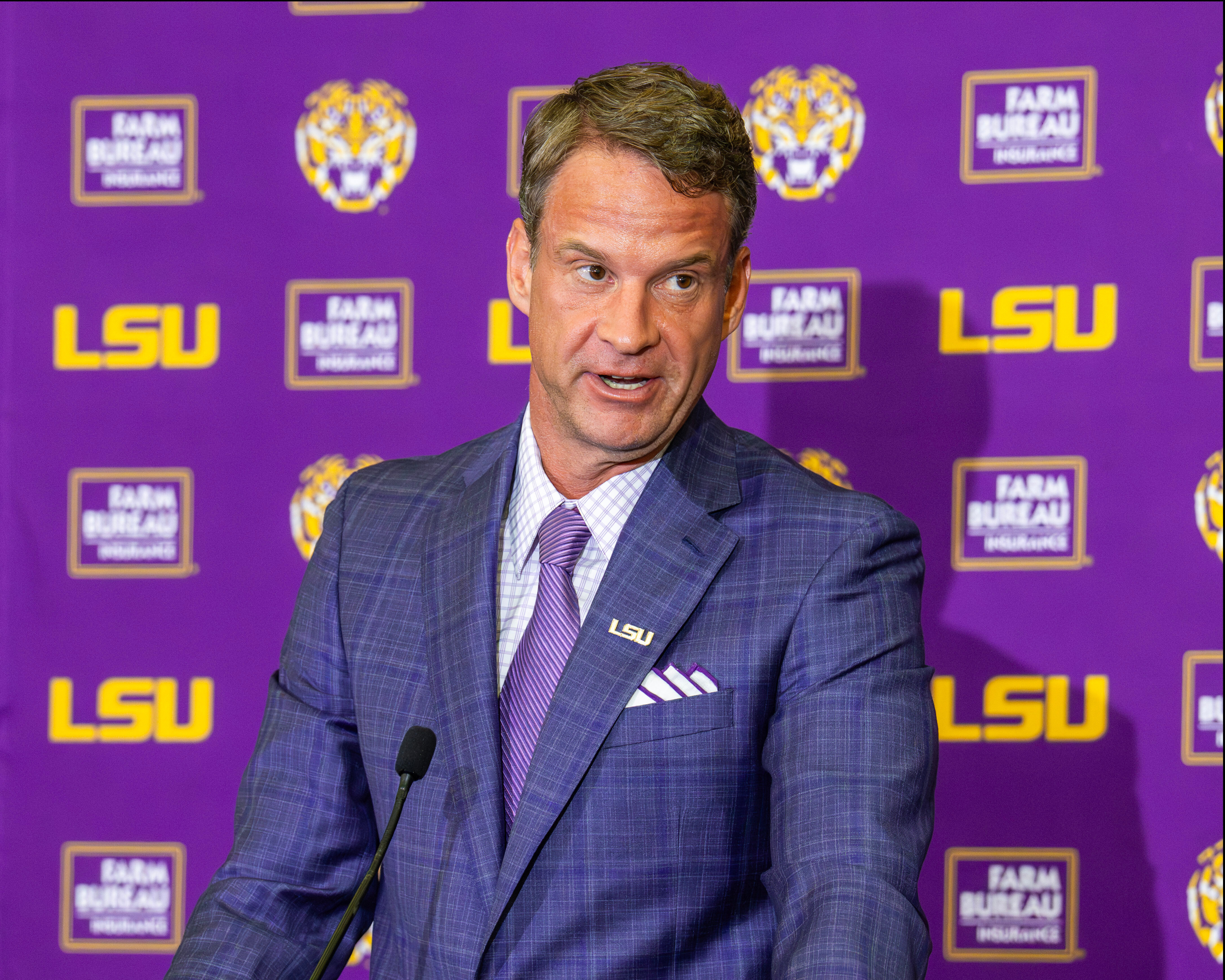 LSU's new head football coach Lane Kiffin gives an opening statement at an introductory news conference, Monday, Dec. 1, 2025, in Baton Rouge, La. 