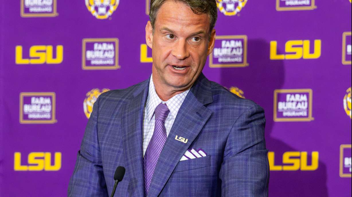 LSU's new head football coach Lane Kiffin gives an opening statement at an introductory news conference, Monday, Dec. 1, 2025, in Baton Rouge, La.