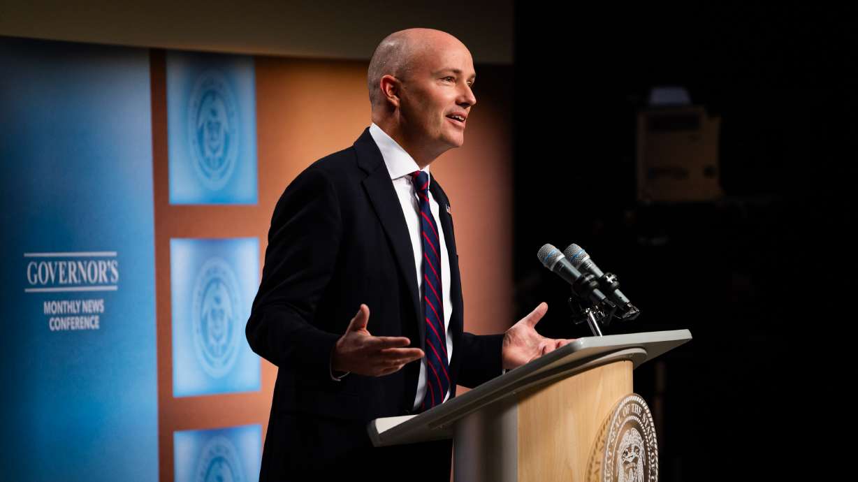 Gov. Spencer Cox responds to questions during a news conference on Nov. 25. Cox on Tuesday announced the launch of Utah's "pro-human" AI initiative while speaking at the 2025 Utah AI Summit.