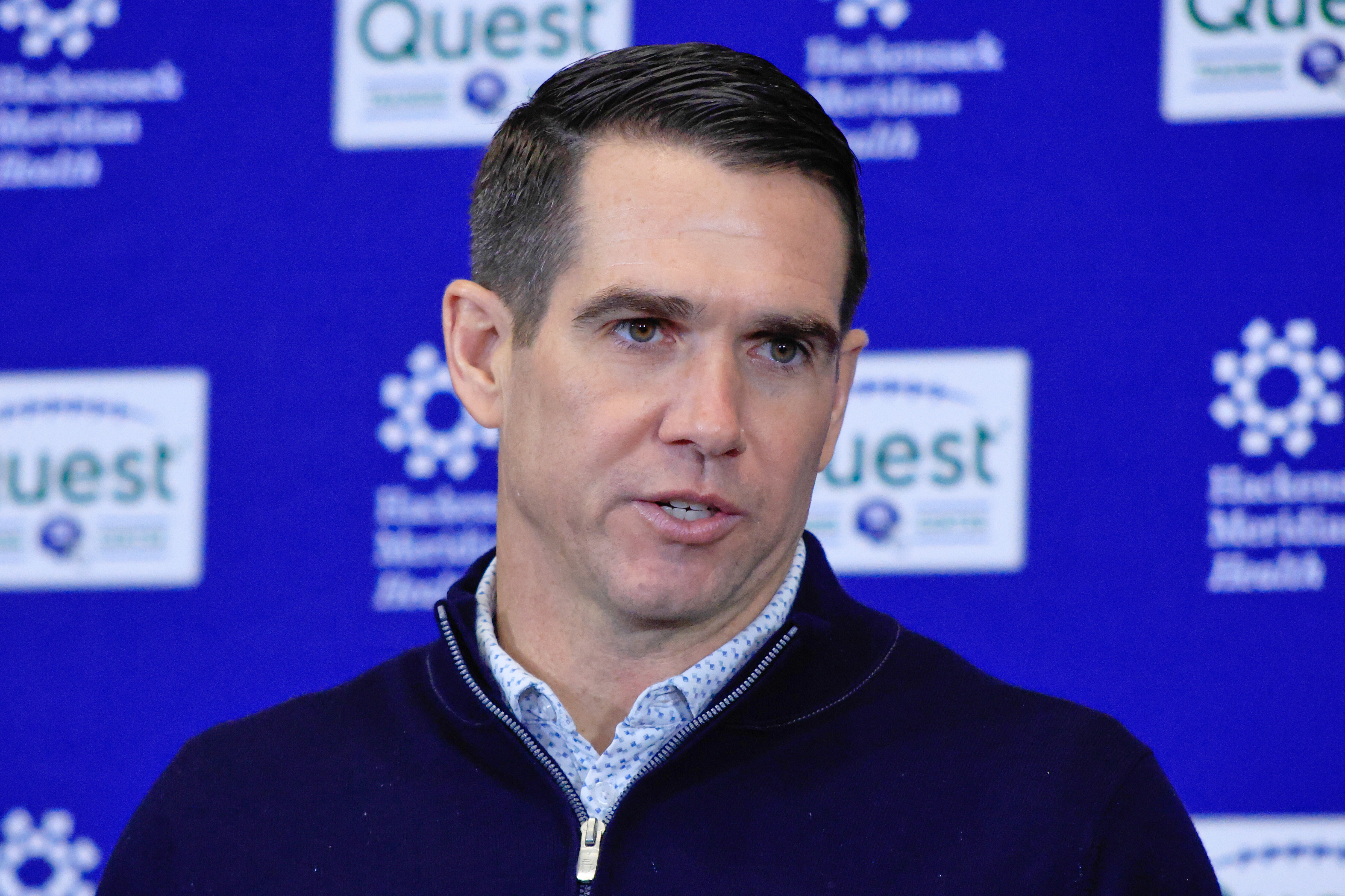 Joe Schoen, senior vice president and general manager of the New York Giants, speaks during an NFL football press conference, Tuesday, Dec. 2, 2025, in East Rutherford, N.J.