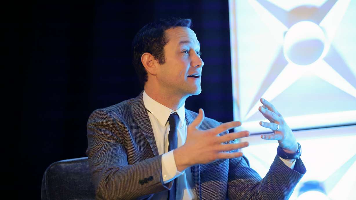 Joseph Gordon-Levitt, actor, filmmaker and hitRECord founder, speaks at the 2025 Utah AI Summit at the Salt Palace Convention Center in Salt Lake City on Tuesday.