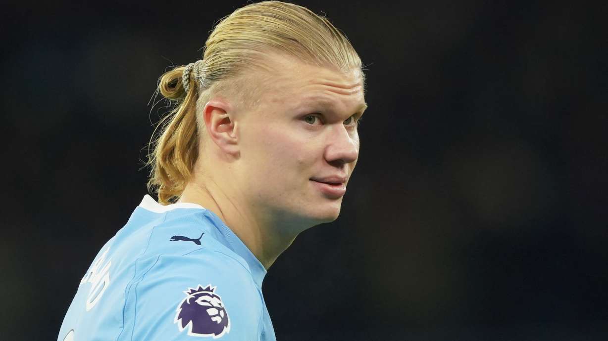 Manchester City's Erling Haaland during the English Premier League soccer match between Manchester City and Leeds United in Manchester, England, Saturday, Nov. 29, 2025.