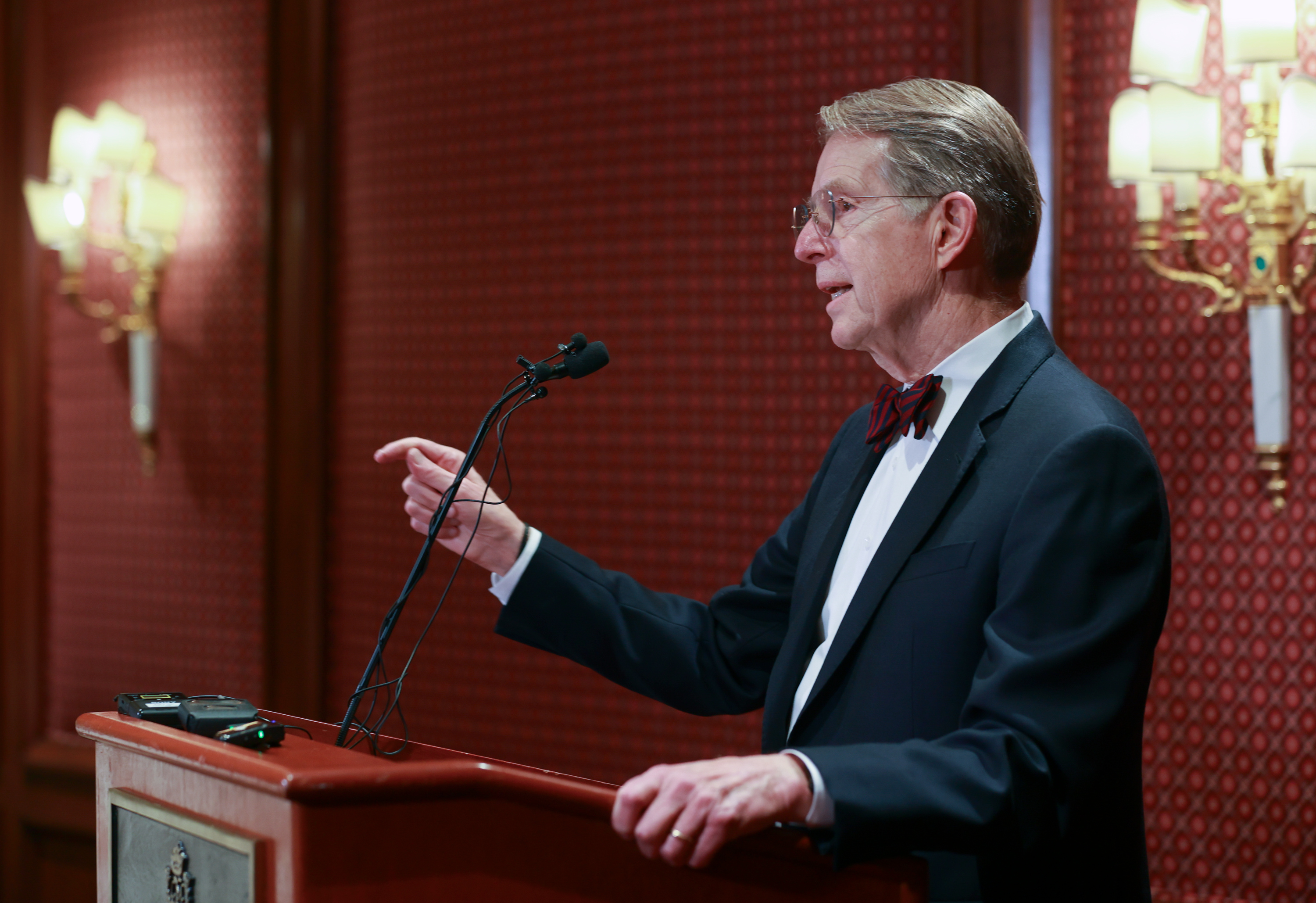 Attorney Jim McConkie speaks at a press conference after Salt Lake County District Attorney Sim Gill announced that manslaughter charges will be filed against Matt Alder for the fatal shooting of Afa Ah Loo, who was an innocent bystander at a No Kings rally, at the Little America Hotel in Salt Lake City on Wednesday. Alder was volunteering as a “peacekeeper” at the event.