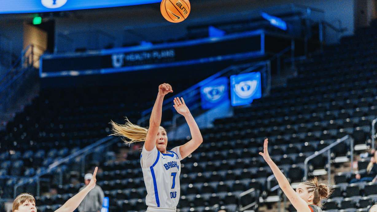 BYU guard Olivia Hamlin scored 14 points, including the gamewinner as time expired, in the Cougars' 56-54 win over Washington State, Wednesday, Dec. 3, 2025 at the Delta Center in Salt Lake City.