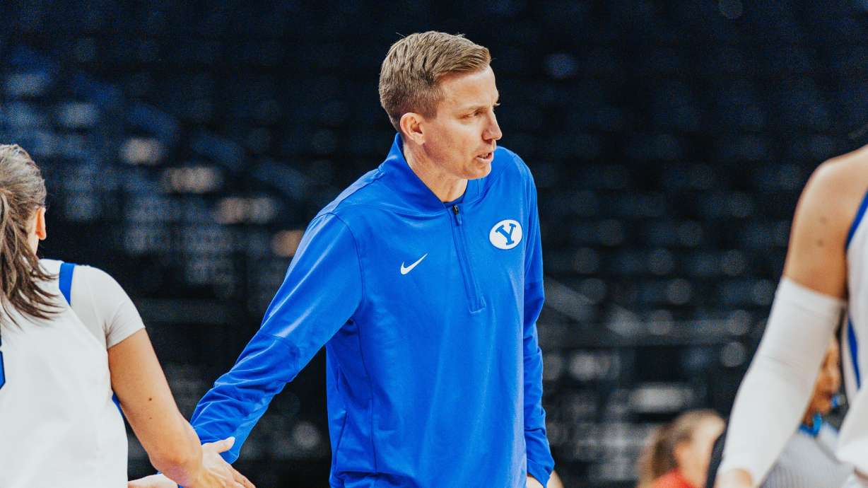 BYU women's basketball coach Lee Cummard during the Cougars' 56-54 win over Washington State, Wednesday, Dec. 3, 2025 at the Delta Center in Salt Lake City.