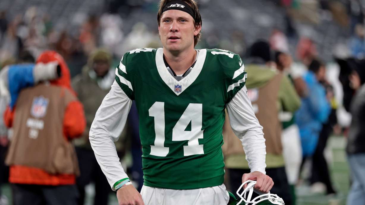 FILE - New York Jets punter Austin McNamara (14) walks off the field after an NFL football game against the Cleveland Browns, Nov. 9, 2025, in East Rutherford, N.J.
