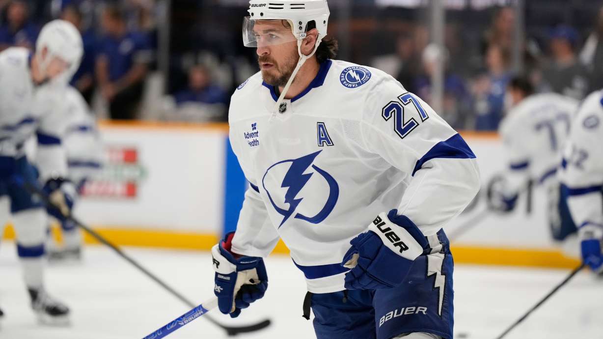 FILE - Tampa Bay Lightning defenseman Ryan McDonagh (27) before an NHL hockey game Tuesday, Oct. 28, 2025, in Nashville, Tenn.