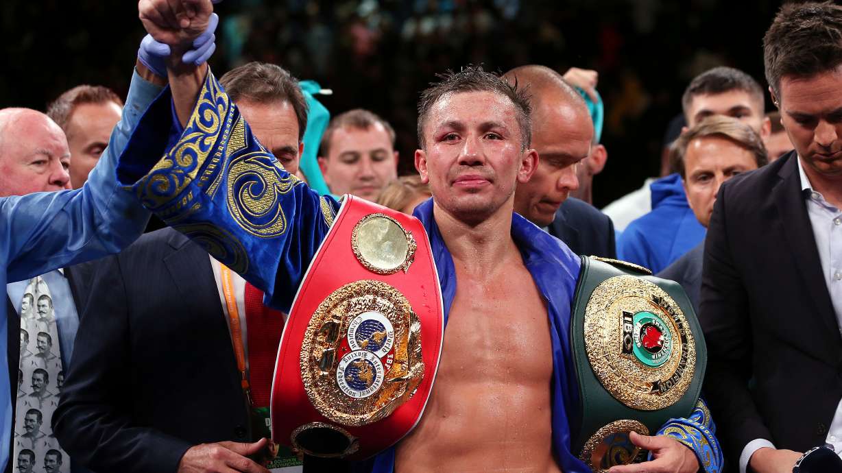 FILE - Gennadiy Golovkin reacts after defeating Sergiy Derevyanchenko in a unanimous decision in their IBF middleweight championship title bout at Madison Square Garden in New York on Saturday, Oct. 5, 2019.