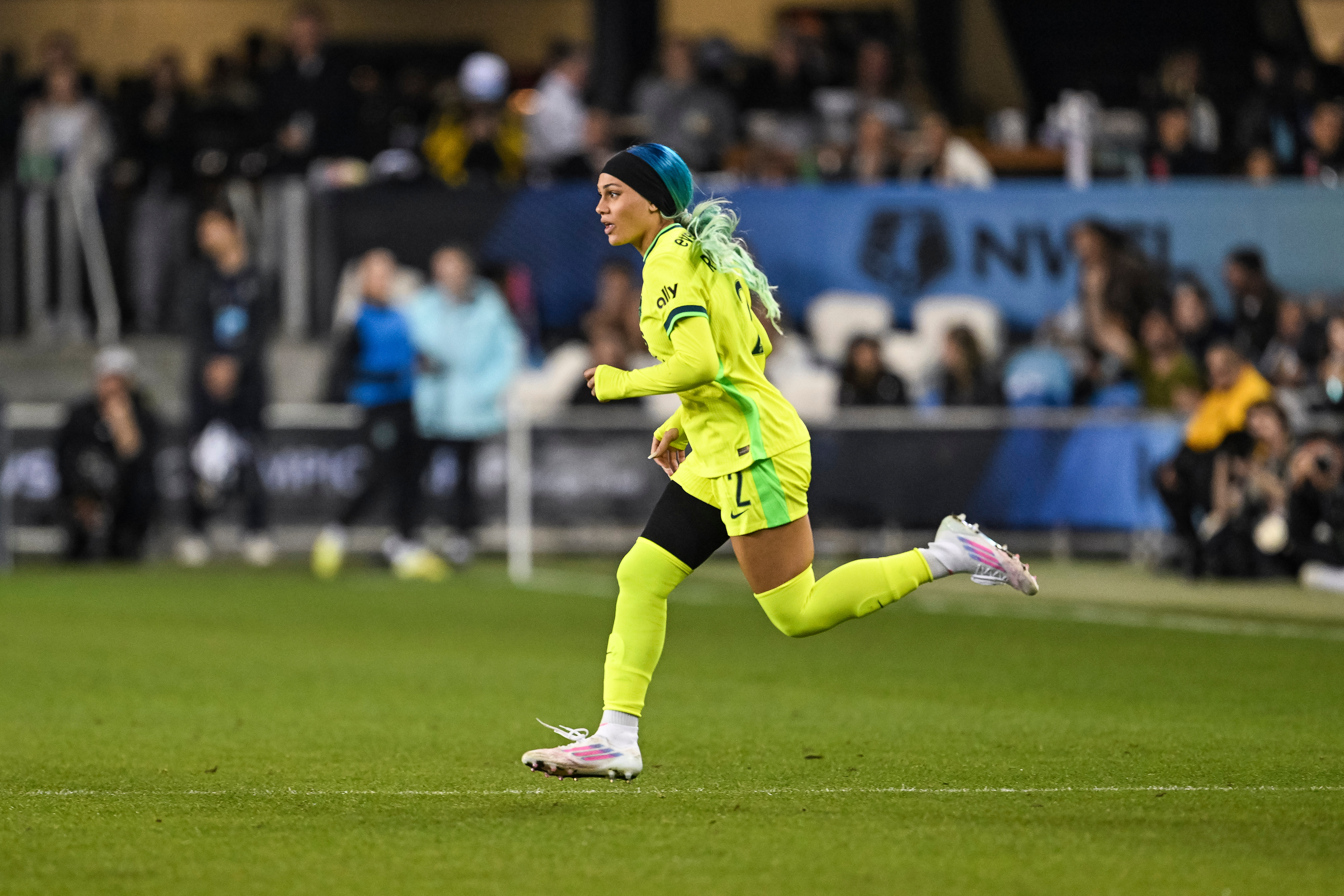 Washington Spirit forward Trinity Rodman (2) enters the game during the second half of a NWSL women's championship soccer match, Saturday, Nov. 22, 2025, in San Jose, Calif.