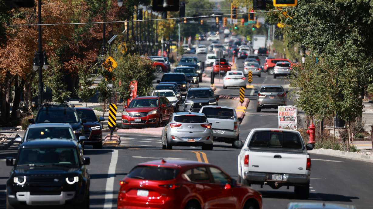 Traffic moves along 2100 South in the Sugar House neighborhood of Salt Lake City on Sept. 25, 2025. Sugar House business leaders are exploring a new way to fund and promote the business district through a concept Salt Lake City first used in 1991.