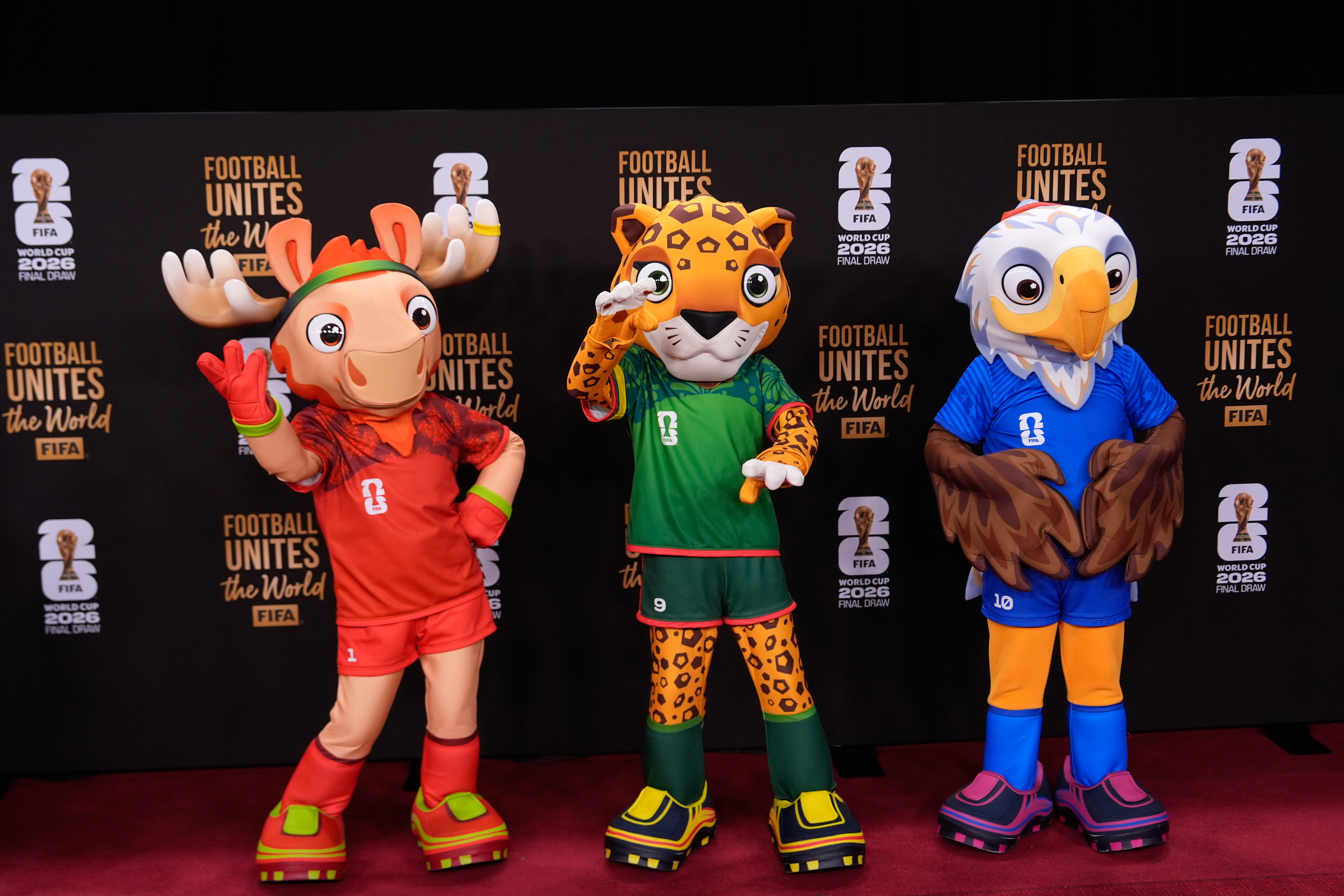 The tournament mascots pose on the red carpet as guests arrive for the draw for the 2026 soccer World Cup at the Kennedy Center in Washington, Friday, Dec. 5, 2025.