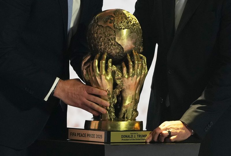 The inaugural FIFA Peace Prize awarded to President Donald Trump during the FIFA World Cup 2026 Final Draw at the Kennedy Center in Washington, Friday. Trump was the first-ever recipient of the award, calling it "one of the honors of my life."
