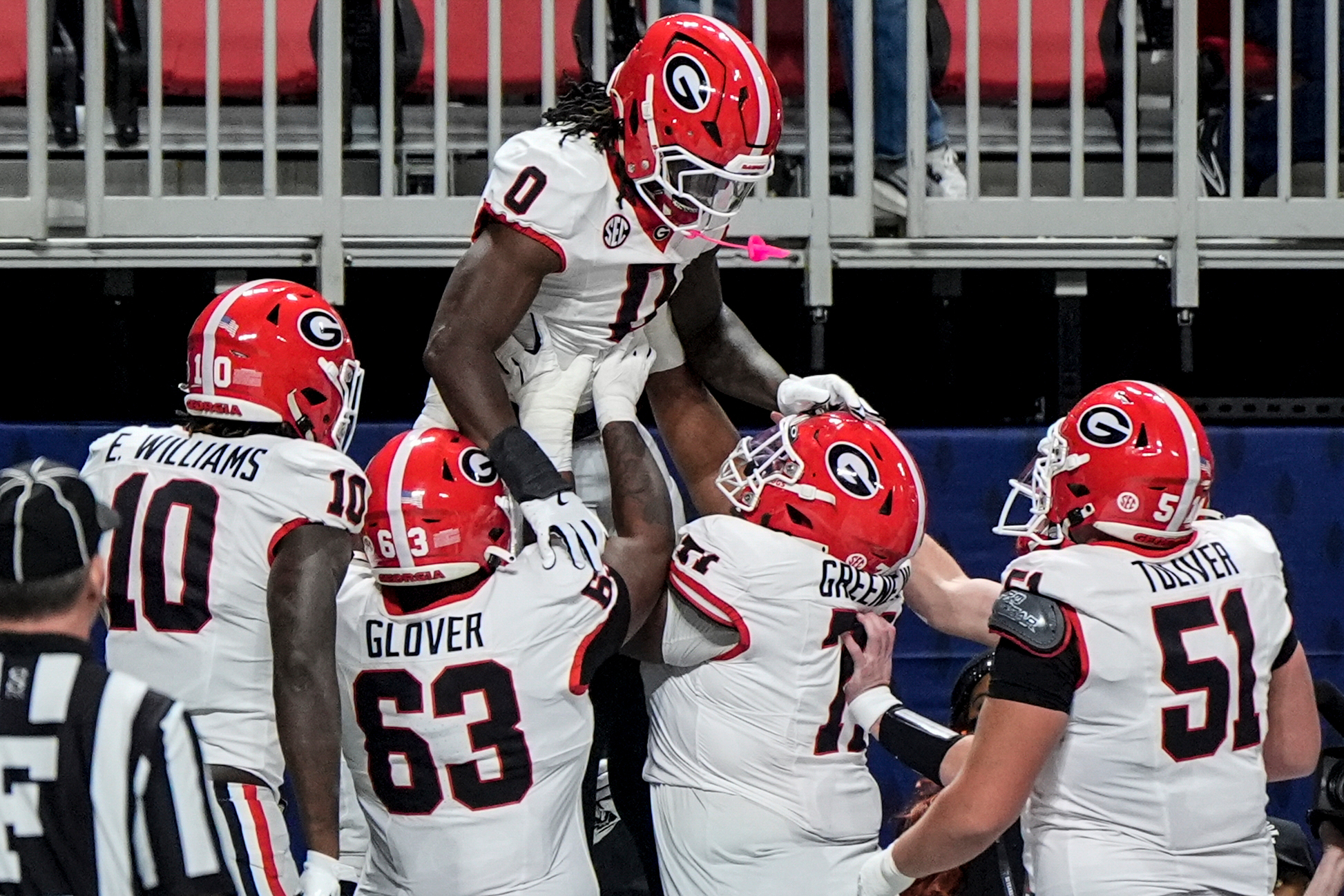 Georgia running back Roderick Robinson II (0) celebrates his touchdown against Alabama during the first half of a Southeastern Conference championship NCAA college football game, Saturday, Dec. 6, 2025, in Atlanta.