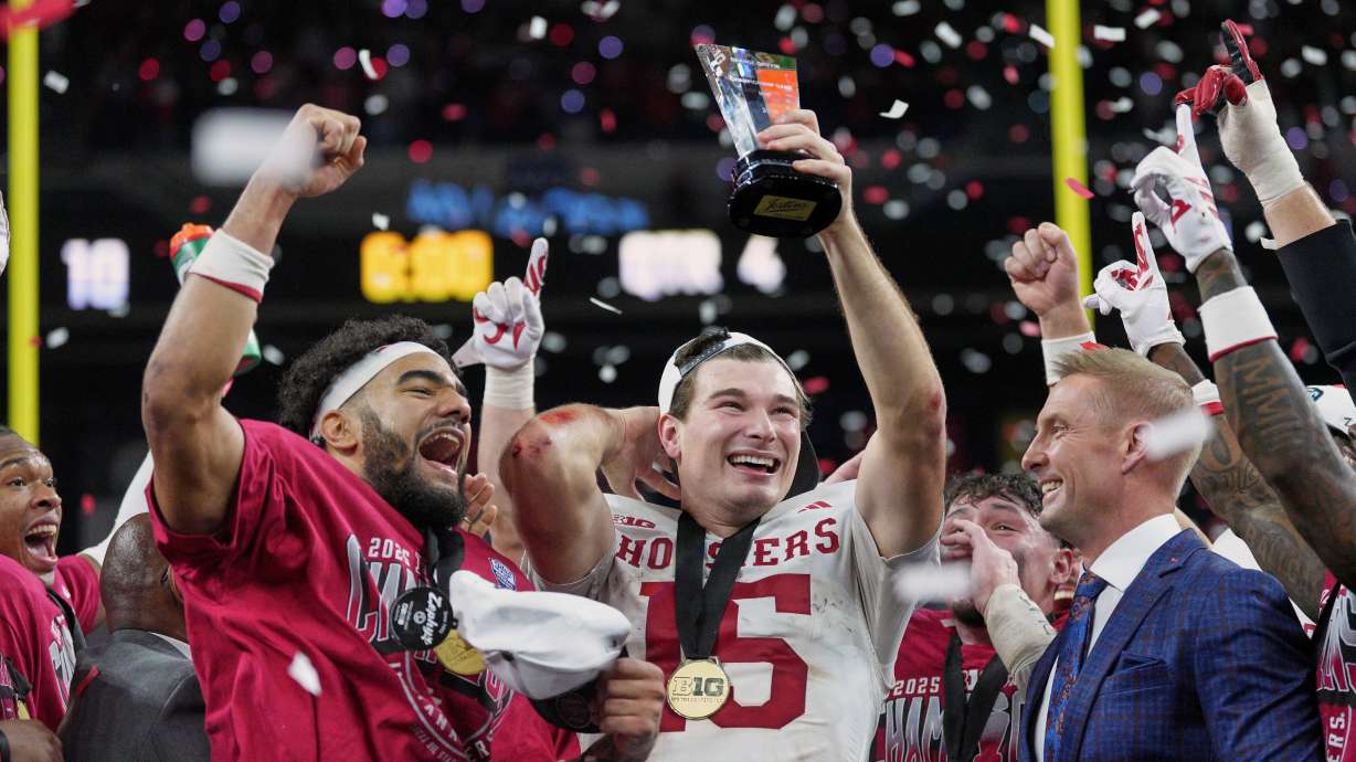 Indiana's Fernando Mendoza celebrates after the Big Ten championship NCAA college football game against Ohio State in Indianapolis, Saturday, Dec. 6, 2025.