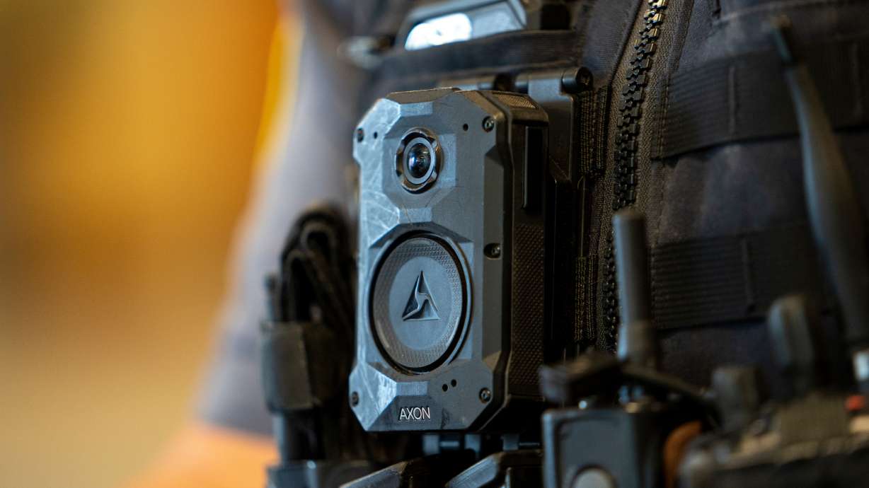 An Axon body camera is worn by MSGT Matt Gilmore who is one of the officers using Axon's Draft One AI software at OKCPD headquarters on May 31, 2024, in Oklahoma City, Oklahoma.