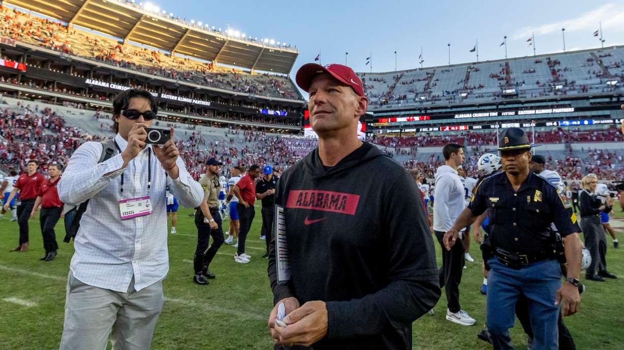 Alabama head coach Kalen DeBoer walks off the field after a 56-0 win over Eastern Illinois at an NCAA college football game, Saturday, Nov. 22, 2025, in Tuscaloosa, Ala.