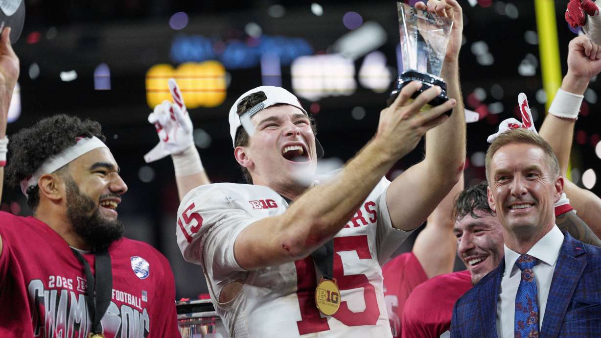 Indiana's Fernando Mendoza celebrates after the Big Ten championship NCAA college football game against Ohio State in Indianapolis, Saturday, Dec. 6, 2025.