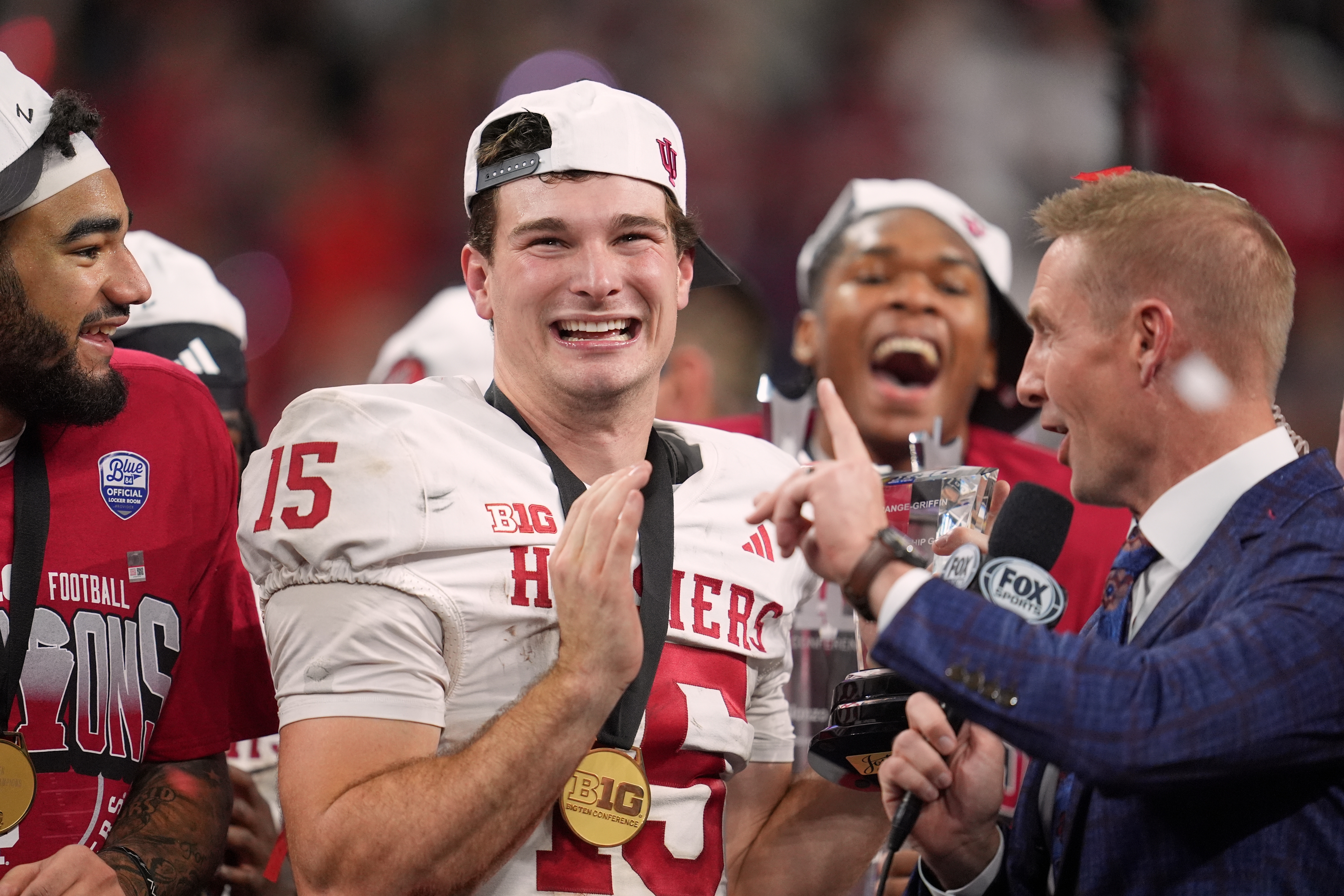Indiana's Fernando Mendoza celebrates after after the Big Ten championship NCAA college football game against Ohio State in Indianapolis, Saturday, Dec. 6, 2025.