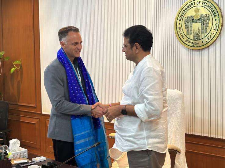 Lifetime Products President and CEO BJ Haacke shakes hands with Telangana Industries and IT Minister Duddilla Sridhar Babu on Nov. 7.