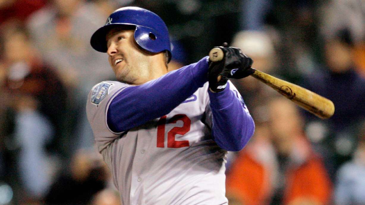 FILE - Los Angeles Dodgers Jeff Kent hits a two-run home run against the San Francisco Giants in the fourth inning of a baseball game in San Francisco, Sept. 26, 2008.
