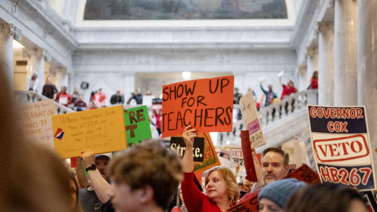 A rally at the Capitol in Salt Lake City on Feb. 7. Labor leaders expressed cautious optimism Monday as state lawmakers were poised to repeal a controversial law to ban collective bargaining for public sector unions.