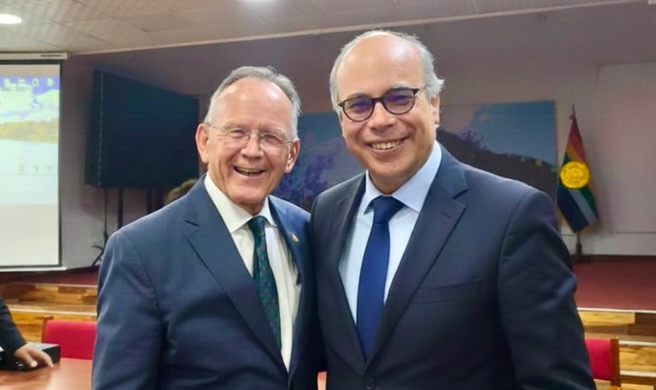 Utah Senate President Stuart Adams, left, and Peruvian Foreign Minister Eric Anderson Machado on Monday, Dec. 8, 2025, during a visit to Cuzco, Peru. A Utah delegation traveled to Peru to discuss trade opportunities.