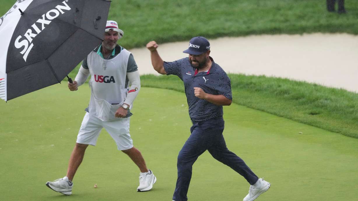 FILE - J.J. Spaun celebrates making a birdie putt on the 18th hole during the final round of the U.S. Open golf tournament at Oakmont Country Club Sunday, June 15, 2025, in Oakmont, Pa.
