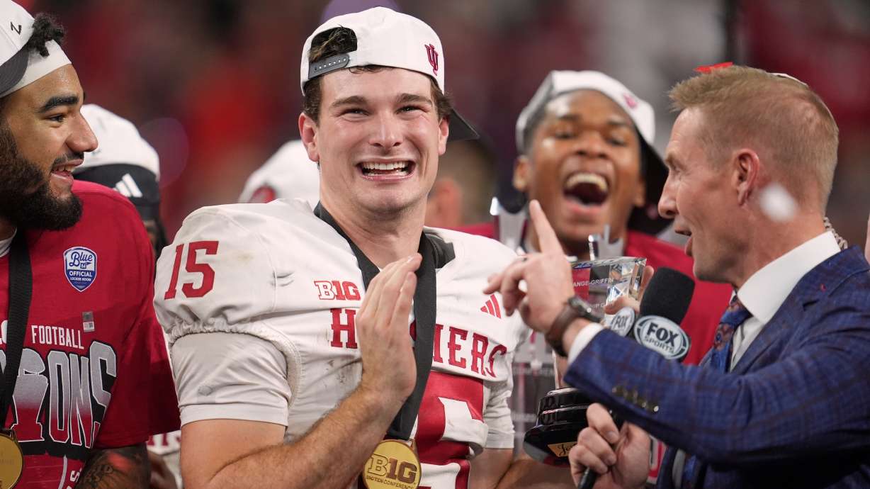 Indiana's Fernando Mendoza celebrates after after the Big Ten championship NCAA college football game against Ohio State in Indianapolis, Saturday, Dec. 6, 2025.