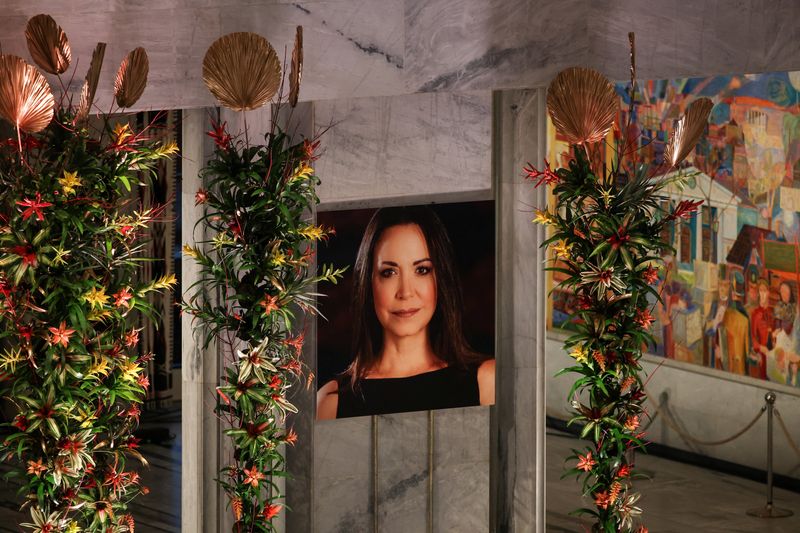 A picture of 2025 Nobel Peace Prize laureate, Venezuelan opposition leader Maria Corina Machado, is displayed inside the Oslo City Hall, Norway, Wednesday.