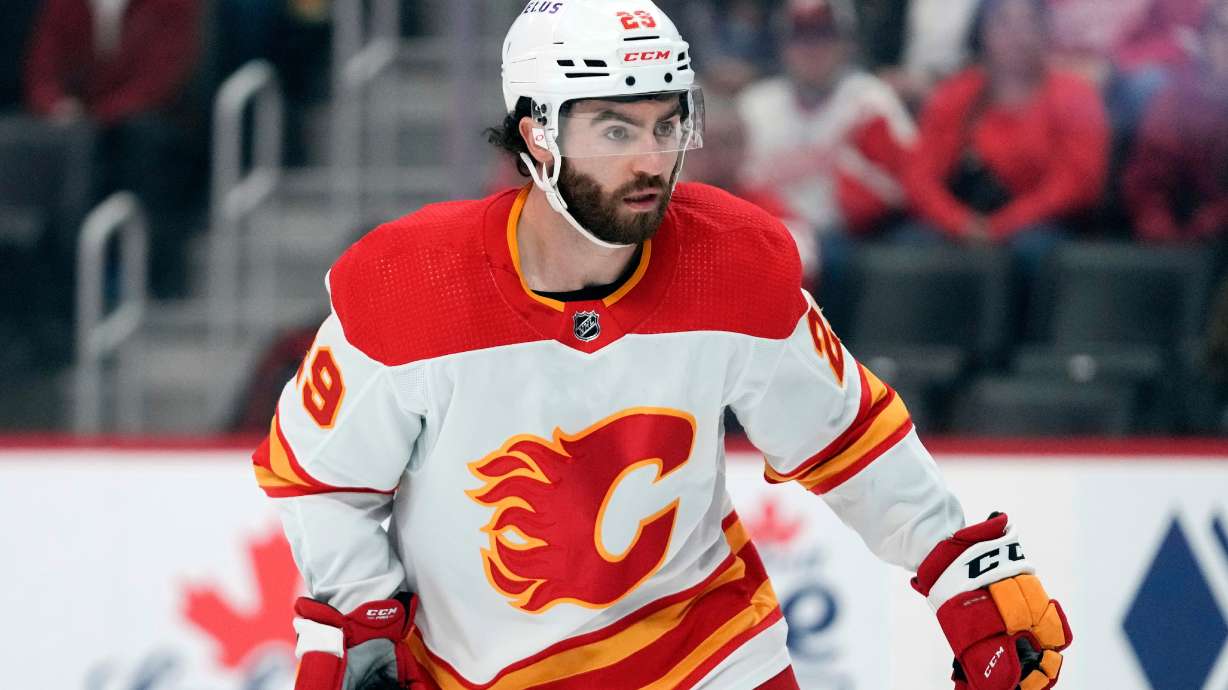 FILE - Calgary Flames center Dillon Dube (29) skates against the Detroit Red Wings in the first period of an NHL hockey game Sunday, Oct. 22, 2023, in Detroit.