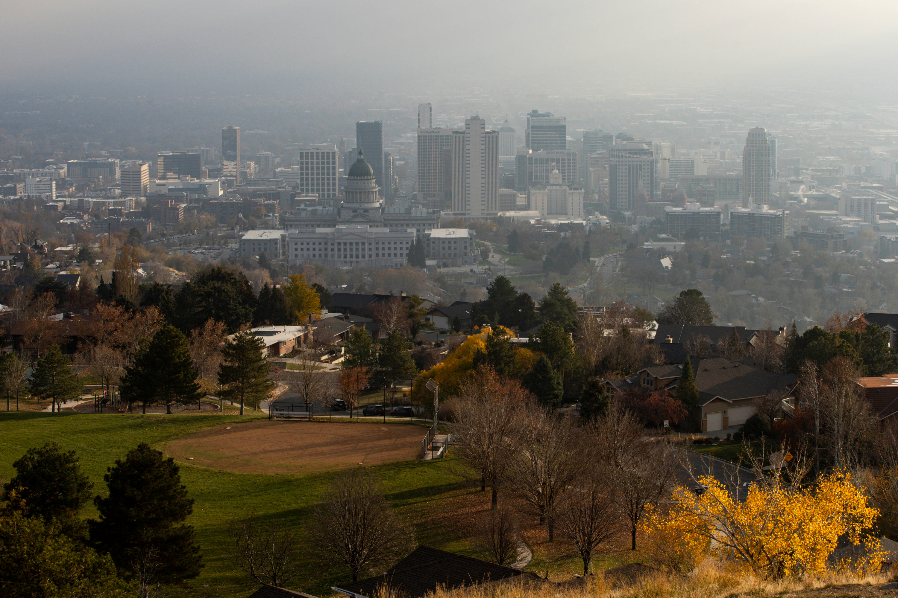 Smog is seen in the valley during an inversion in Salt Lake City on Nov. 23. Inversion haze is forecast to return to the valley by this weekend as a lull in storm activity continues.